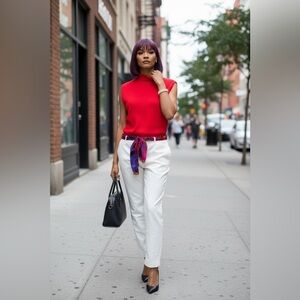 Red Sleeveless Top with White Pants☑️